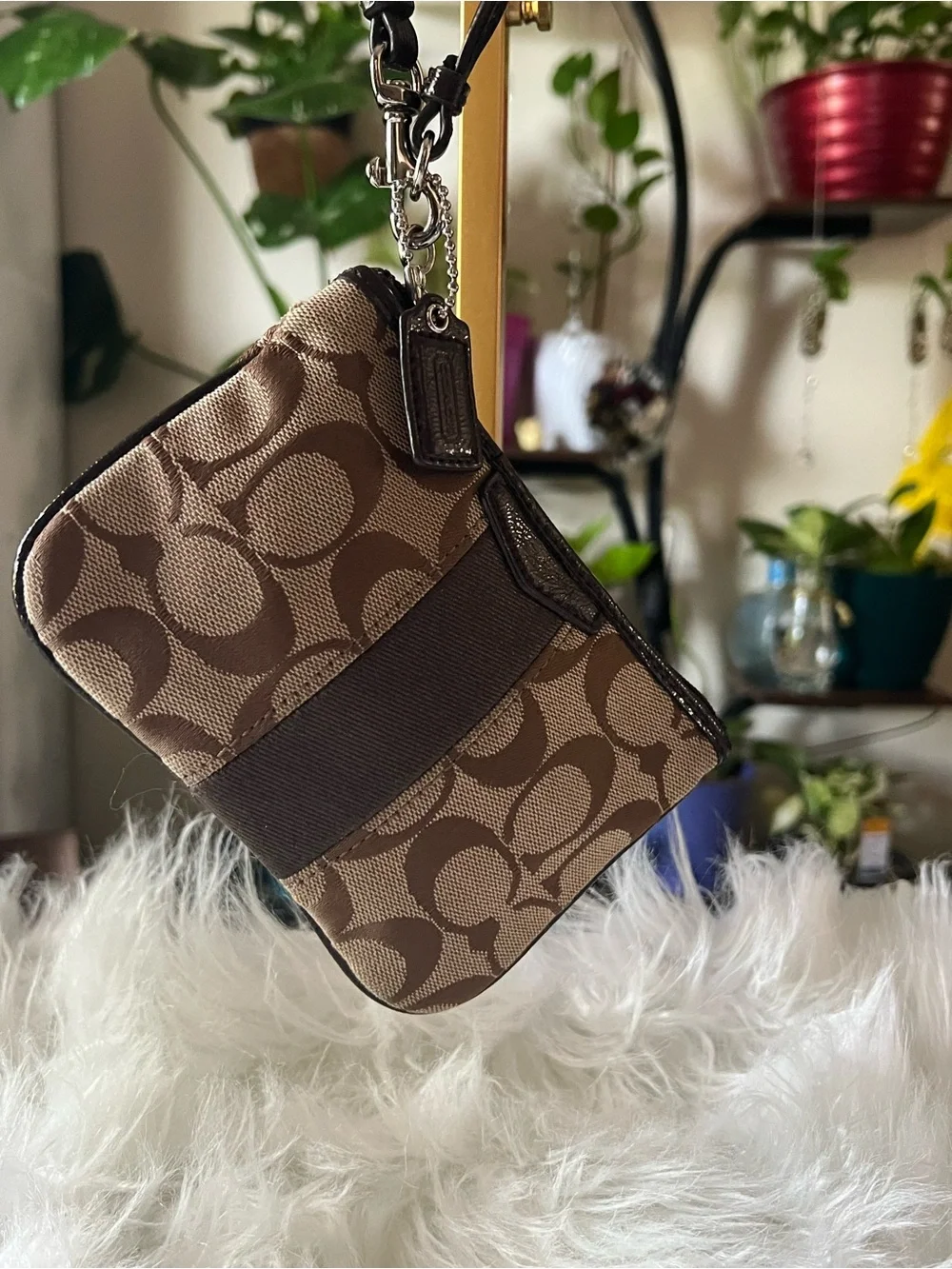 Coach Brown Signature Canvas Wristlet with Dark Brown Band